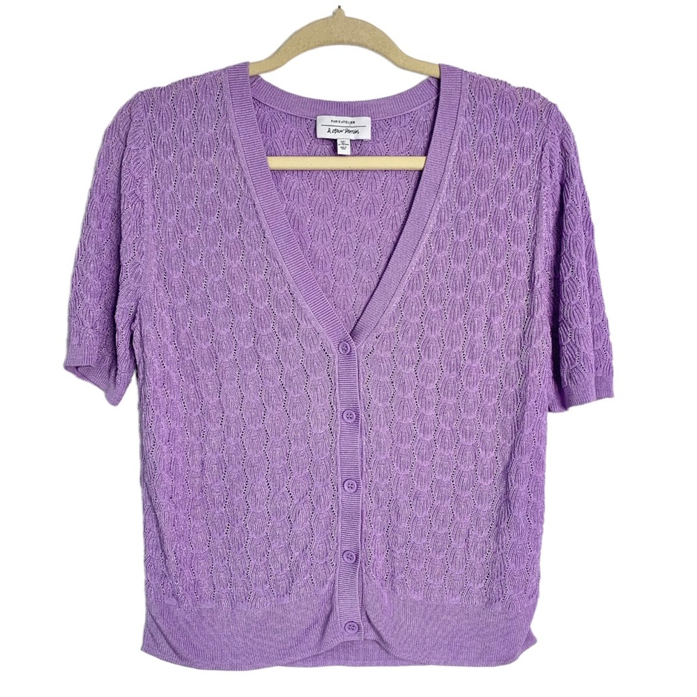 & OTHER STORIES Short Sleeve Pointelle Cardigan Size L Lavender Button Up V-Neck